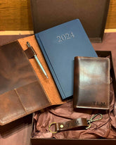 Leather gift set with calendar 2024, journal cover, passport holder and keychain