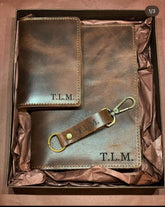 Leather gift set with journal cover, passport holder and keychain