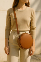 Eco-Leather Round Crossbody Bag – Minimalist Circle Purse – Women’s Vegan Leather Shoulder Bag