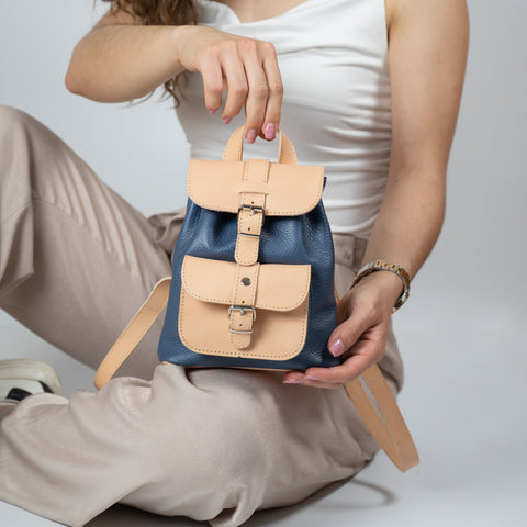 Mini leather backpack "Filia" Blue - Natural