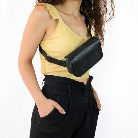 Black Leather Unisex Fanny Pack