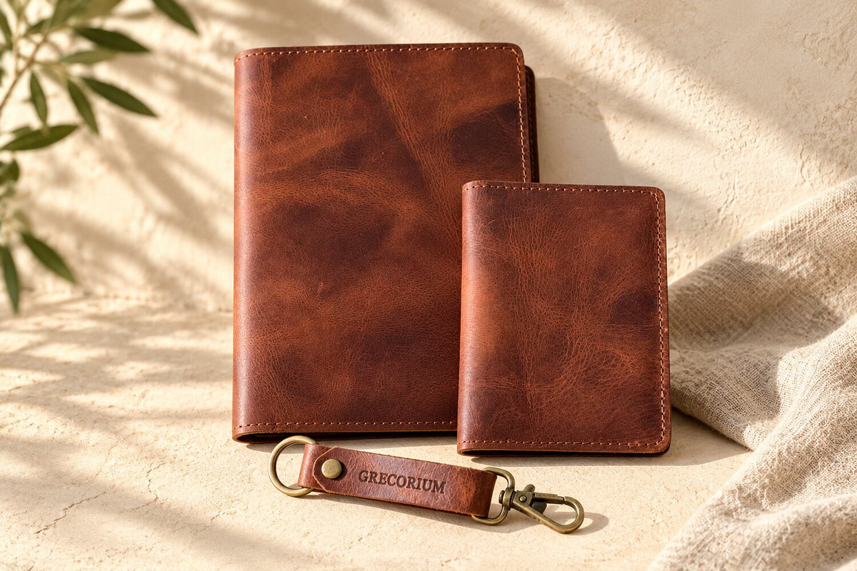 Brown Grecorium leather notebook, passport cover and keychain