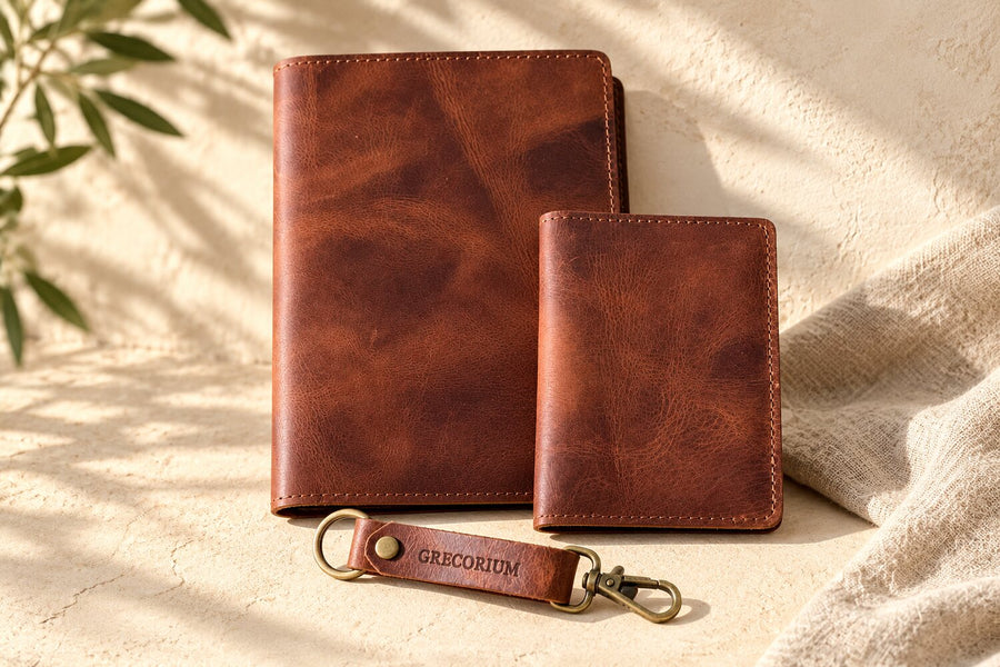 Personalized Leather Gift Set – Notebook, Passport Cover & Keychain