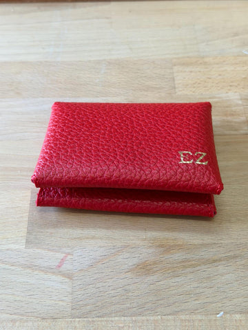 Red textured vegan leather cardholder with gold foil initials