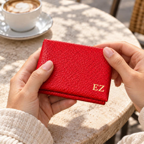 Close-up of the personalised red vegan leather cardholder