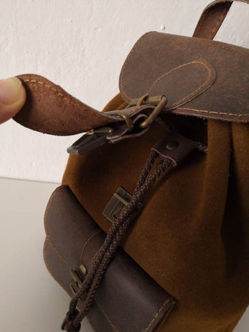 Caramel small backpack suede with dark brown leather top and pocket fits 11" laptop