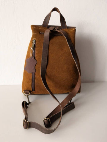 Caramel small backpack suede with dark brown leather top and pocket fits 11" laptop