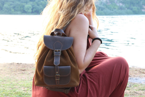 Suede Backpack Women: Leather Top, Fits 11" Laptop