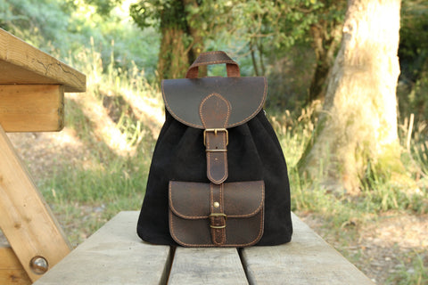 Caramel small backpack suede with dark brown leather top and pocket fits 11" laptop