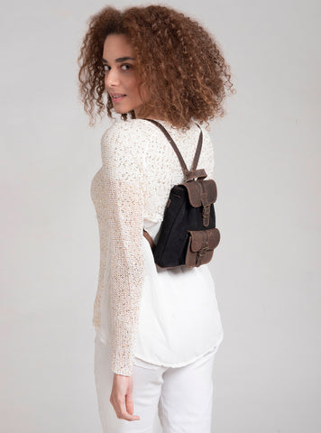 Leather Mini Backpack Purse: Dark Brown & Caramel Suede, Metal Buckles