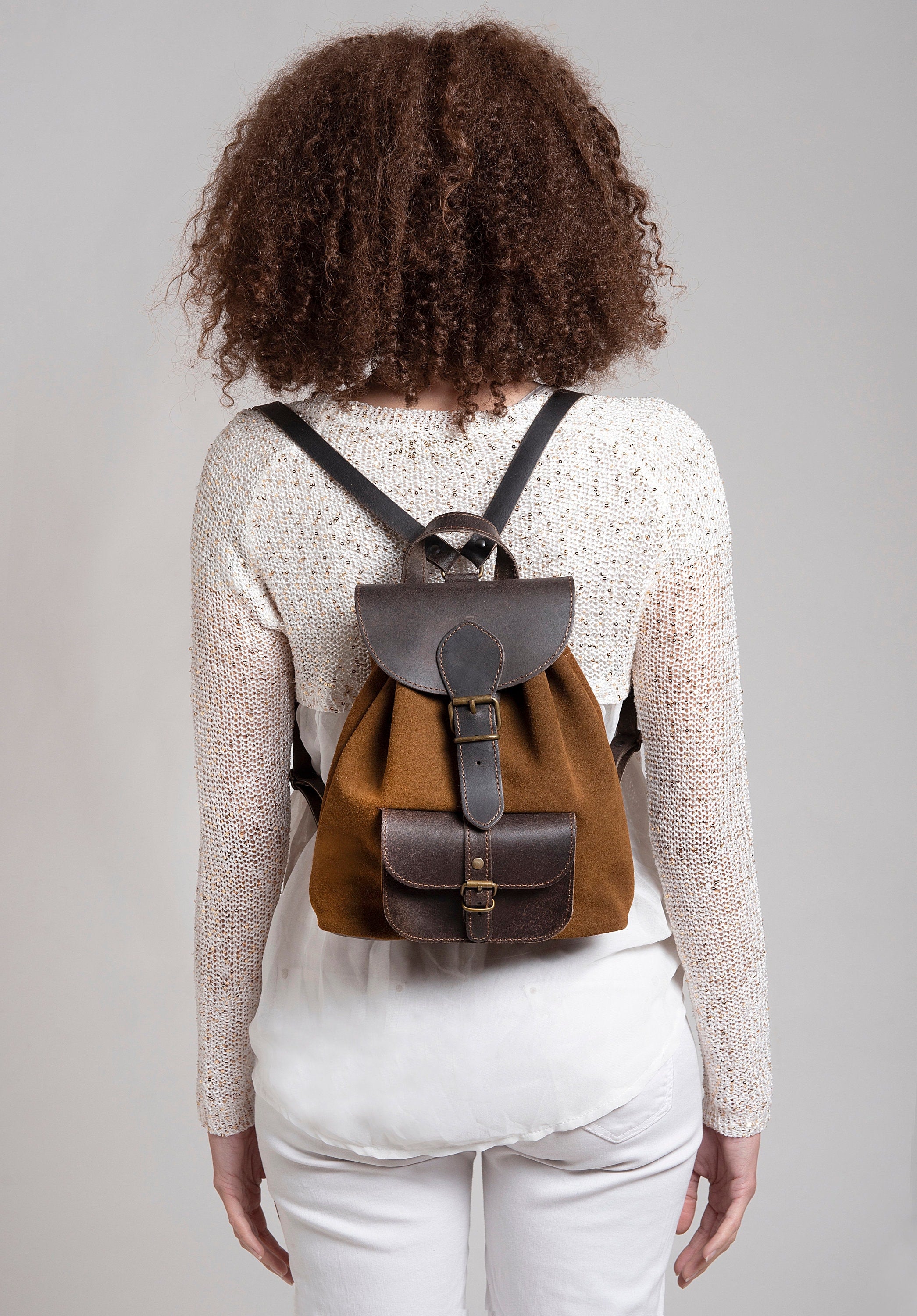 Caramel small backpack suede with dark brown leather top and pocket fits 11" laptop