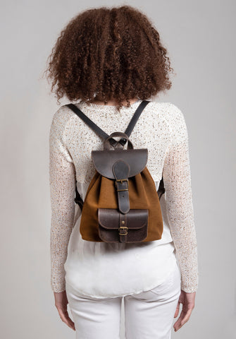 Caramel small backpack suede with dark brown leather top and pocket fits 11" laptop