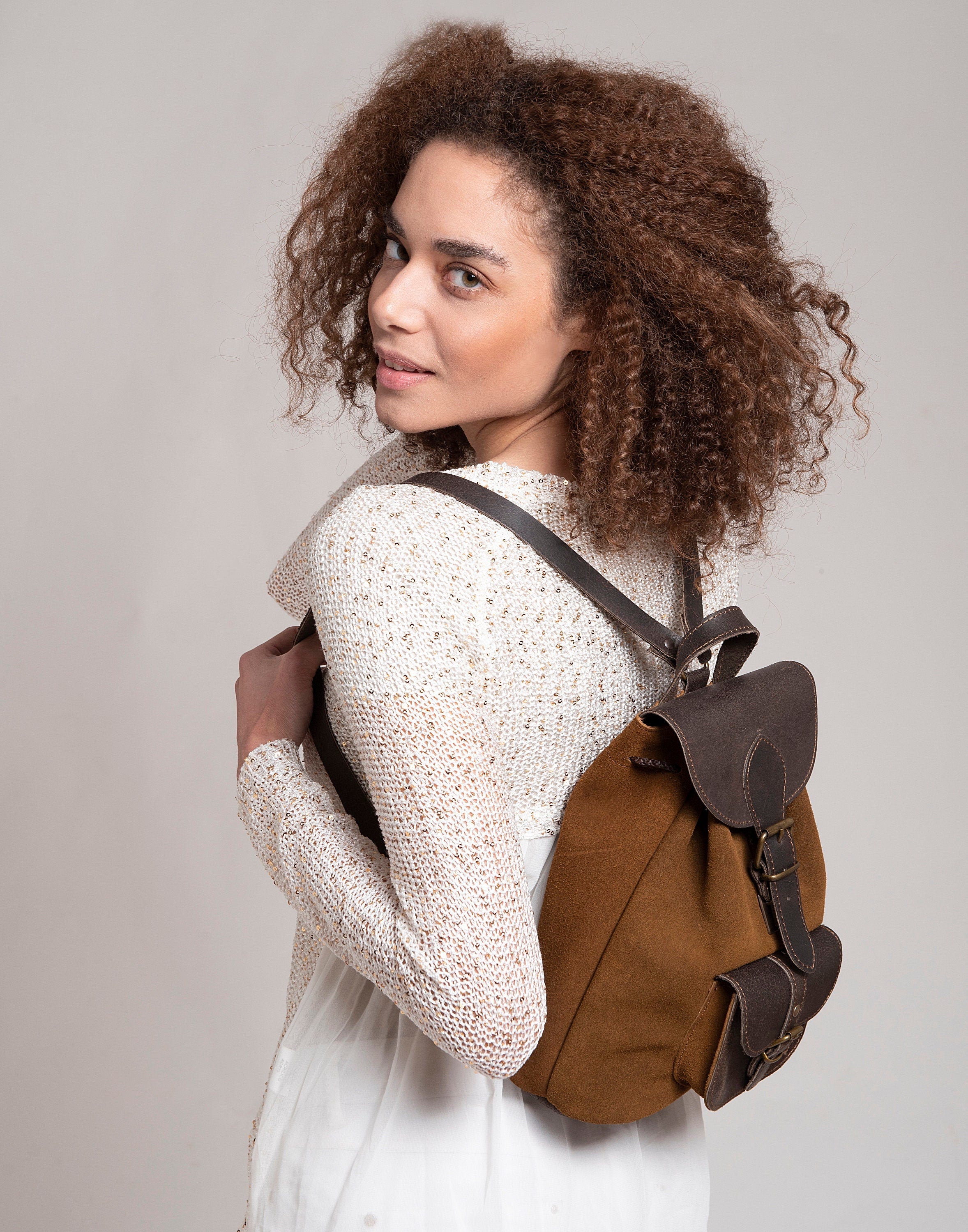 Caramel small backpack suede with dark brown leather top and pocket fits 11" laptop