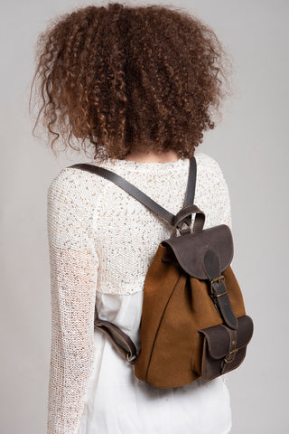 Caramel small backpack suede with dark brown leather top and pocket fits 11" laptop