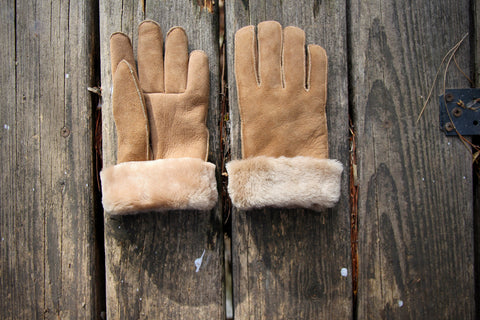 LEATHER GLOVES BROWN suede sheepskin real fur mens womens winter gloves