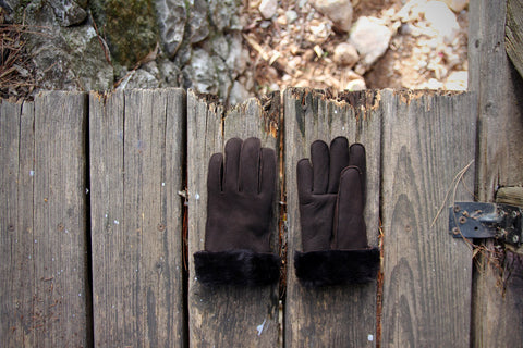 LEATHER GLOVES BROWN suede sheepskin real fur mens womens winter gloves