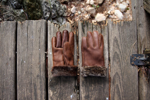 LEATHER GLOVES BROWN suede sheepskin real fur mens womens winter gloves