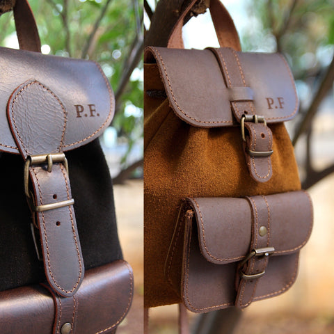 Caramel small backpack suede with dark brown leather top and pocket fits 11" laptop