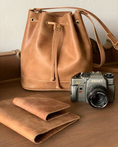 Black Leather Bucket Bag: Handmade Cowhide Drawstring Pouch