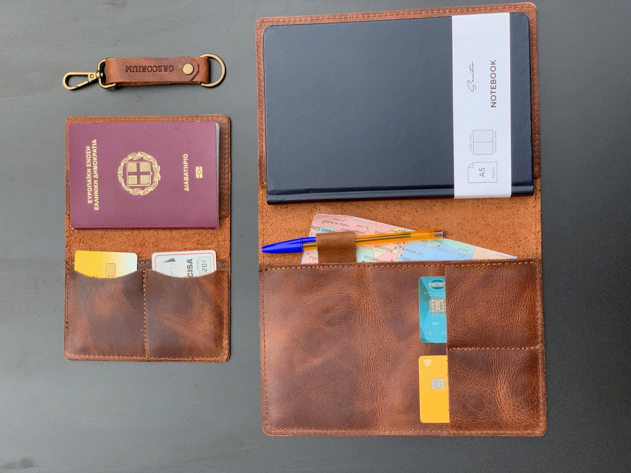 Personalized Leather Gift Set: Journal, Passport Holder, Keychain
