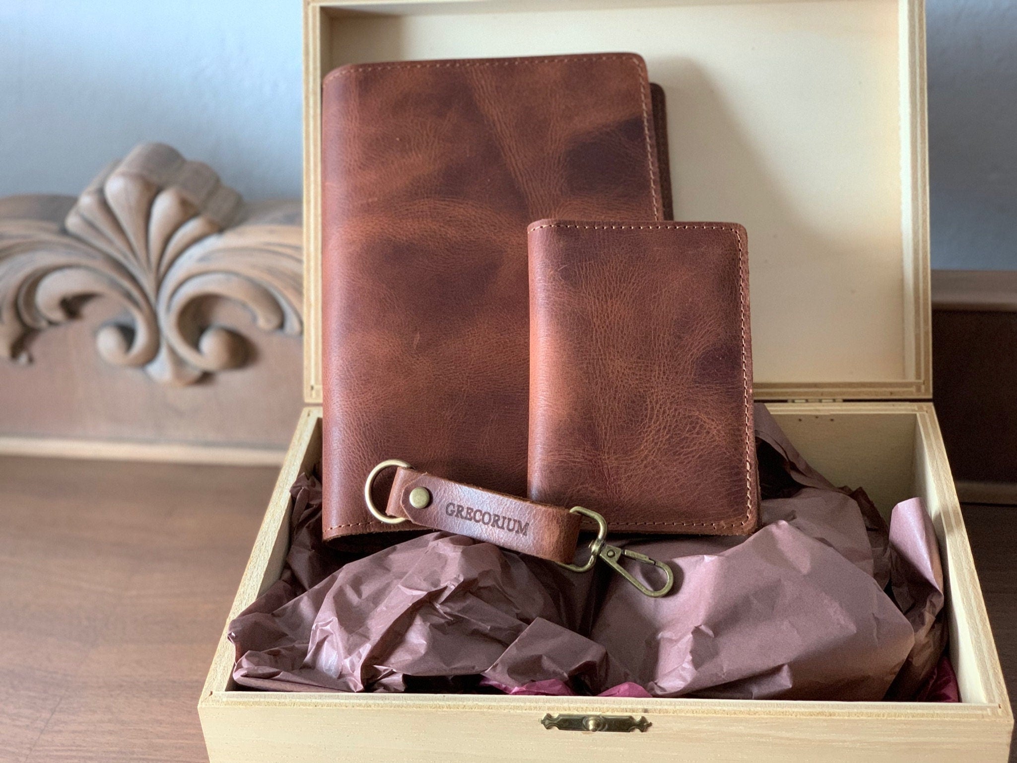 Personalized Leather Gift Set: Journal, Passport Holder, Keychain