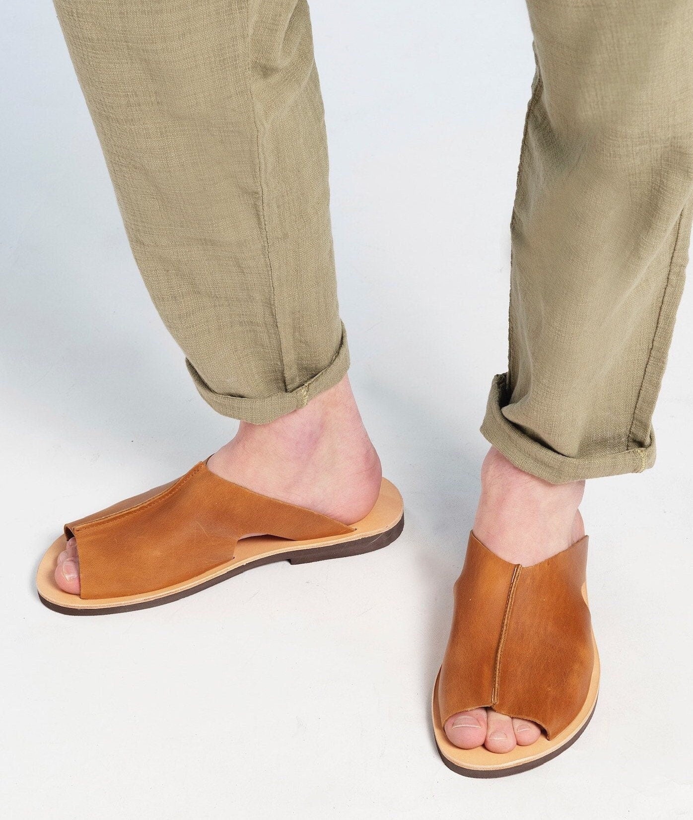 Handmade Leather Slides Men's Sandals: Greek Summer Shoes