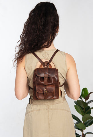 Leather Mini Backpack Purse: Dark Brown & Caramel Suede, Metal Buckles