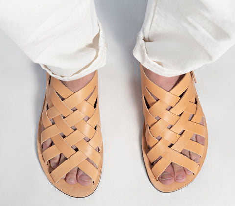 Tan Leather Ankle Strap Sandals: Handmade Grecian Style
