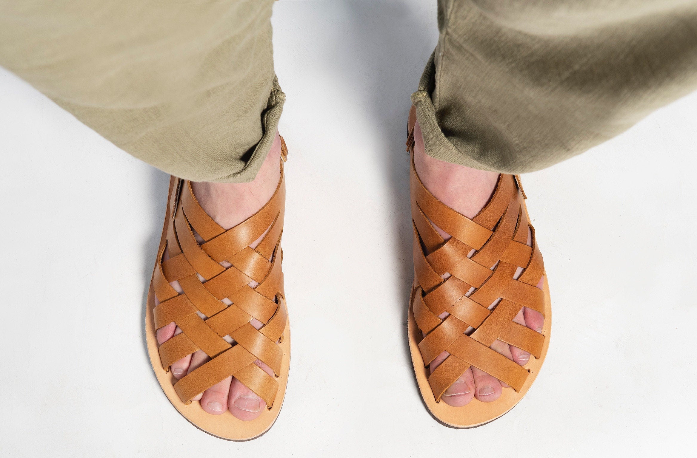 Tan Leather Ankle Strap Sandals: Handmade Grecian Style