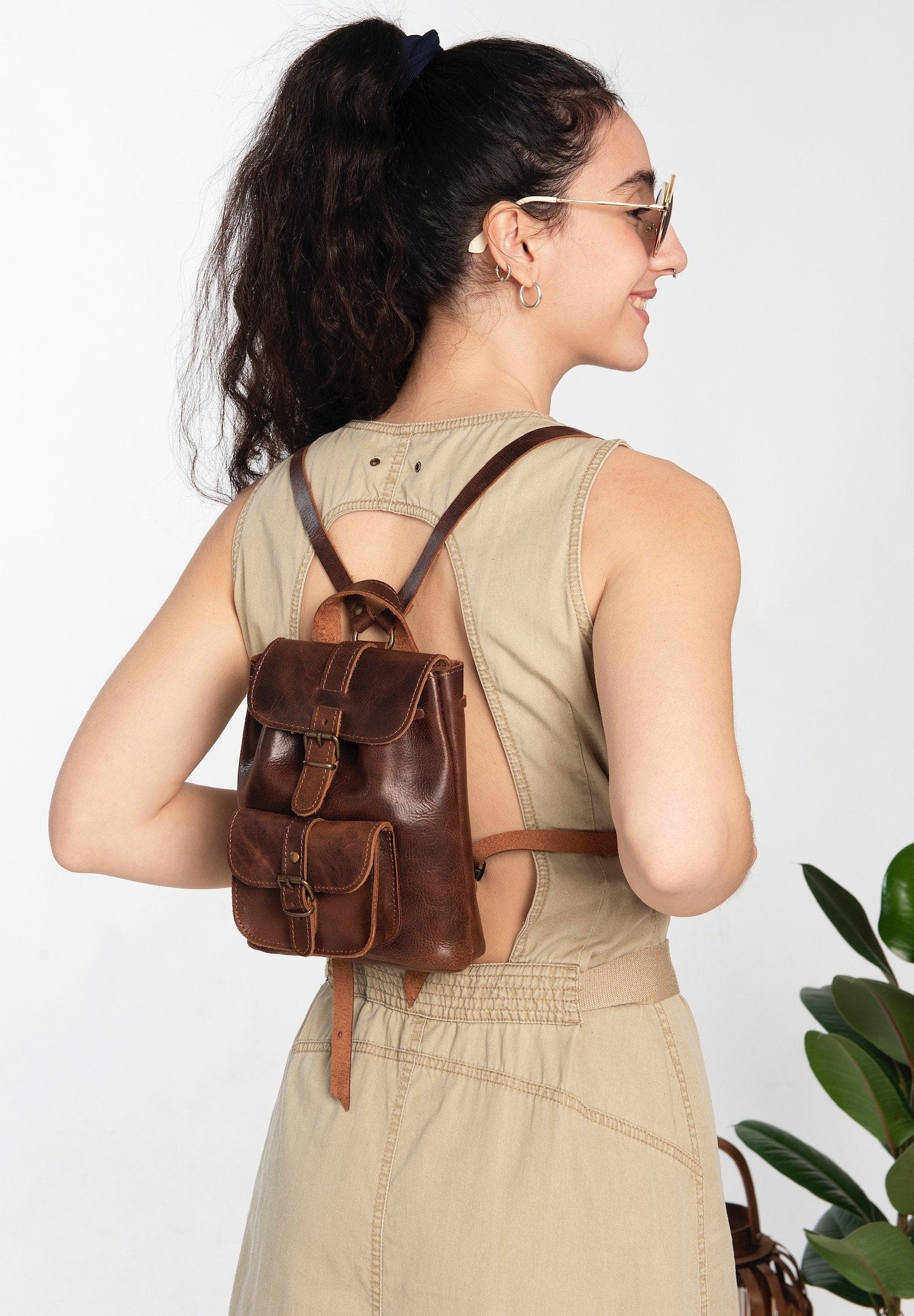 Leather Mini Backpack Purse: Dark Brown & Caramel Suede, Metal Buckles
