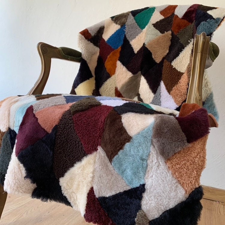 Handmade Sheepskin Patchwork Chair Throw: Geometric Design
