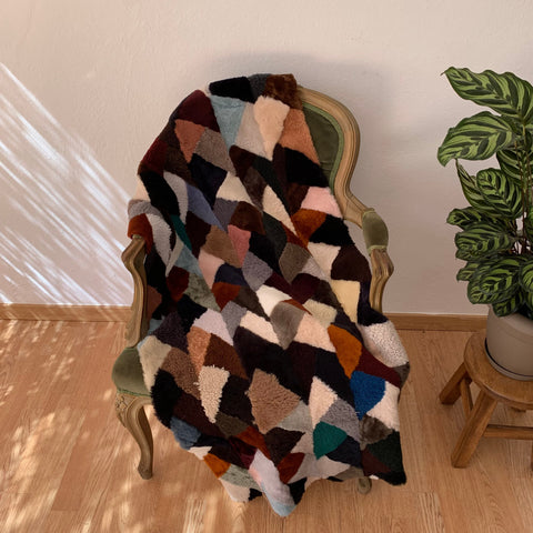 Handmade Sheepskin Patchwork Chair Throw: Geometric Design
