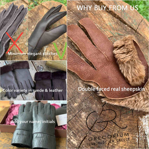 LEATHER GLOVES BROWN suede sheepskin real fur mens womens winter gloves