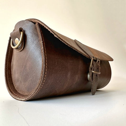 Leather Barrel Bag: Handmade Cowhide Cylinder Clutch with Removable Strap