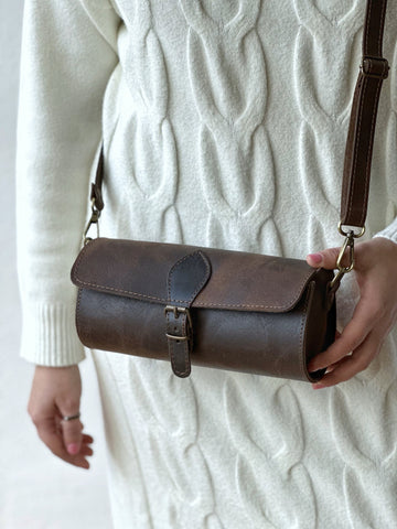 Crazy Horse Leather barrel bag crossbody small bag cylinder satchel