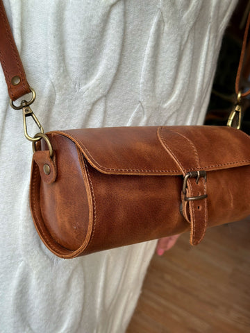Leather Barrel Bag: Handmade Cowhide Cylinder Clutch with Removable Strap