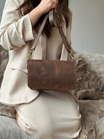 Cross Body Leather Bag Sofia Dark Brown