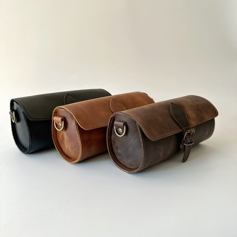 Leather Barrel Bag: Handmade Cowhide Cylinder Clutch with Removable Strap