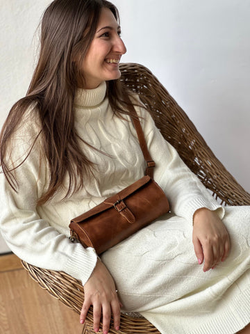 Crazy Horse Leather barrel bag crossbody small bag cylinder satchel