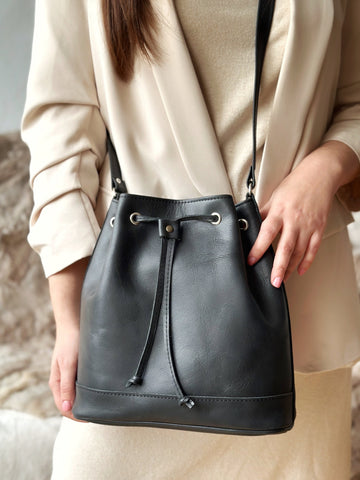 Black Leather Bucket Bag: Handmade Cowhide Drawstring Pouch