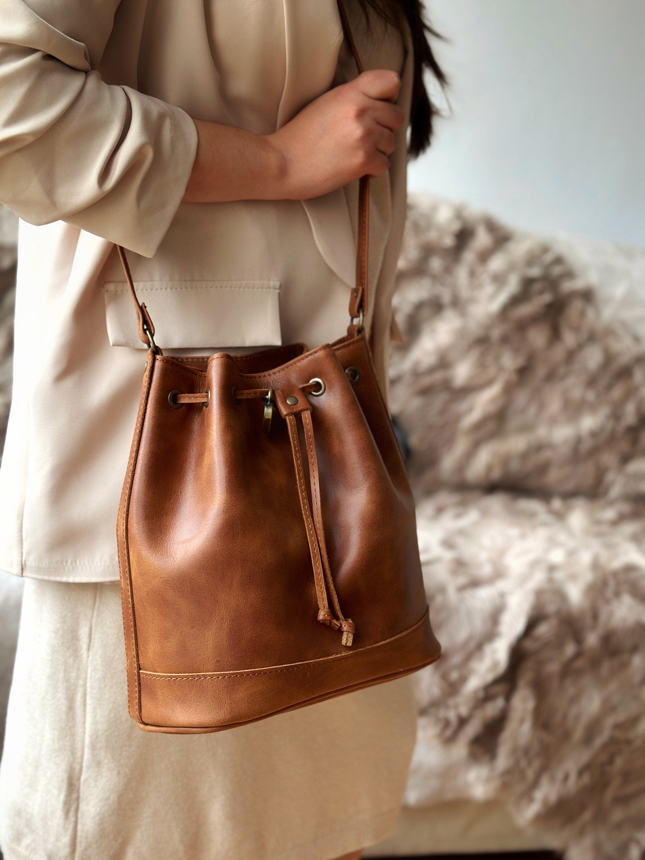 Black Leather Bucket Bag: Handmade Cowhide Drawstring Pouch