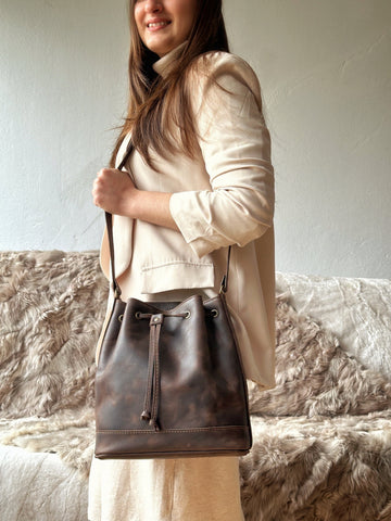 Leather Bucket Bag Selene, brown leather bag