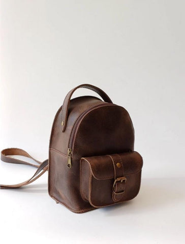 Mini Brown Leather Backpack: Handmade Cowhide 'Theros'