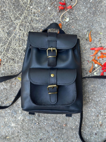 Leather Mini Backpack Purse: Dark Brown & Caramel Suede, Metal Buckles