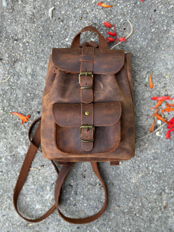 Leather Mini Backpack Purse: Dark Brown & Caramel Suede, Metal Buckles