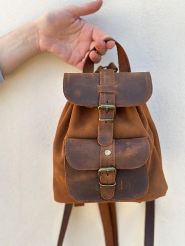 Leather Mini Backpack Purse: Dark Brown & Caramel Suede, Metal Buckles