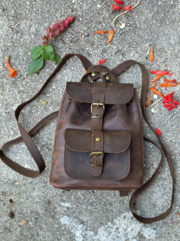 Leather Mini Backpack Purse: Dark Brown & Caramel Suede, Metal Buckles