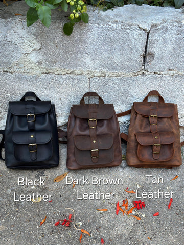 Leather Mini Backpack Purse: Dark Brown & Caramel Suede, Metal Buckles