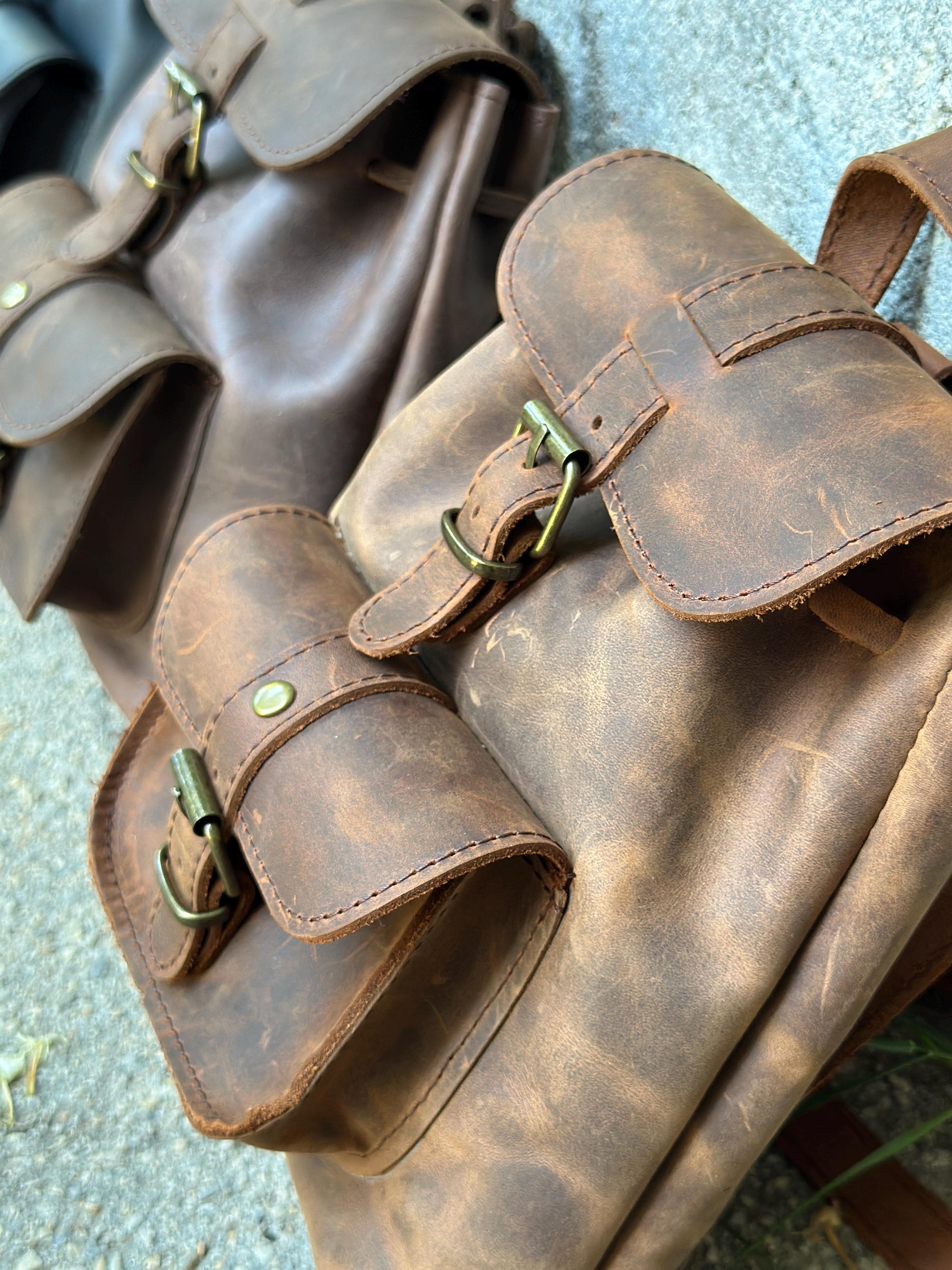 Leather Mini Backpack Purse: Dark Brown & Caramel Suede, Metal Buckles