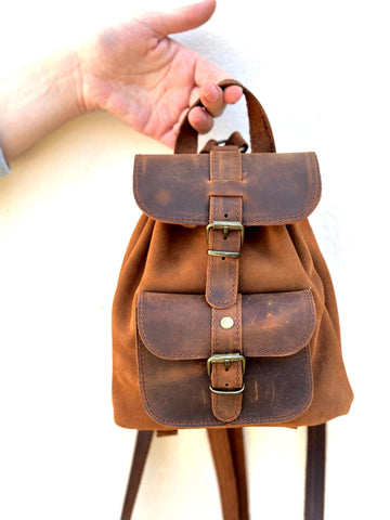 Mini Leather Backpack: Dark Brown & Caramel Suede, Laser Engraved Gift
